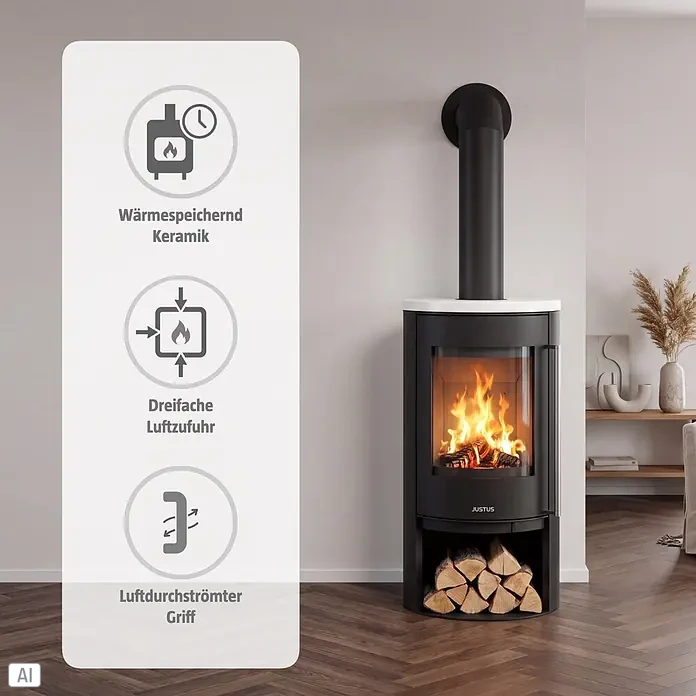 Justus Kaminofen Mino 2.0 - 5,5 kW, Raumheizvermögen: 88 m³, Farbe Verkleidung: Seidenweiß, Schwarz - Schwarzer Kaminofen mit weißer Platte, brennendem Holz und Holzfach, mit wärmespeichernder Keramik, dreifacher Luftzufuhr und luftdurchströmtem Griff.