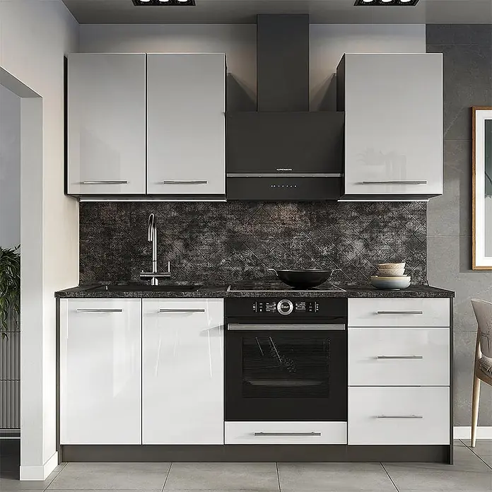 Vicco Singleküche - Breite: 190 cm, Weiß Hochglanz, Mit AP Marmor - Moderne Küchenzeile mit glänzend weißen Schränken, schwarzer Arbeitsplatte, Spüle, Backofen und Dunstabzugshaube.
