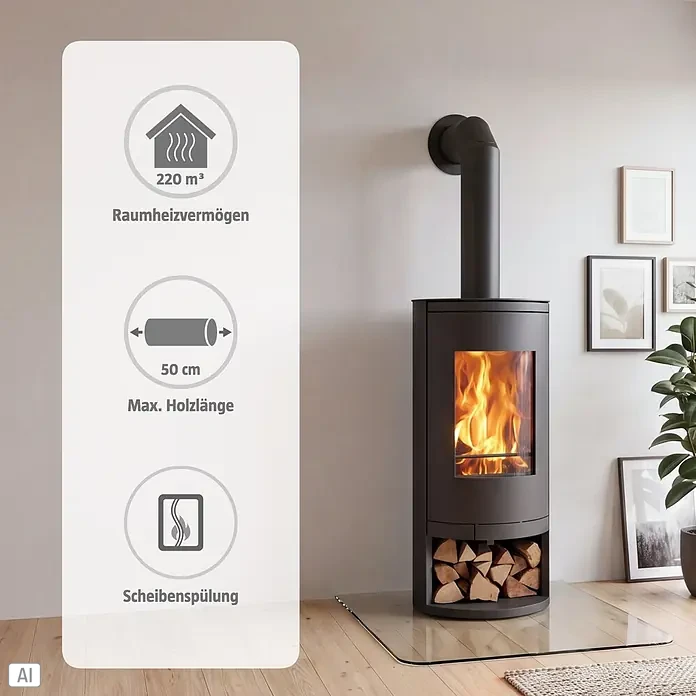 Panadero Kaminofen Auckland Ecodesign - 7,4 kW, Raumheizvermögen: 220 m³, Schwarz Metallic - Schwarzer Kaminofen mit sichtbarem Feuer und Holzscheiten, mit einem Informations-Overlay zu Heizleistung, max. Holzlänge und Scheibenspülung.