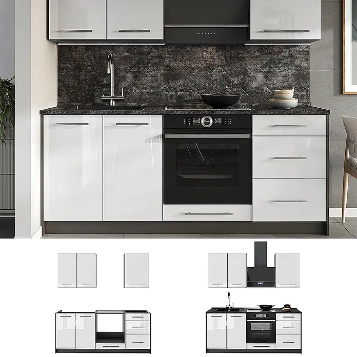 Vicco Singleküche - Breite: 190 cm, Weiß Hochglanz, Mit AP Anthrazit - Weiße Hochglanz-Modulküche mit schwarzen Akzenten, integriertem Backofen und Spüle.