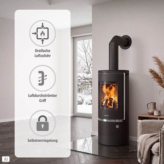 Justus Kaminofen Faro Top 2.0 (6 kW, Raumheizvermögen: 124 m³, Material Abdeckung: Stahl, Schwarz)
