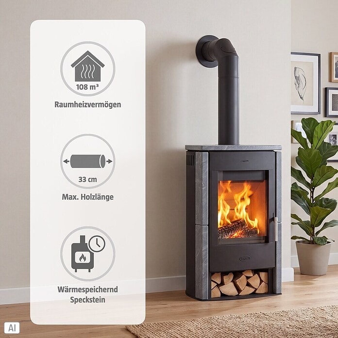 Fireplace Kaminofen Brasil (6 kW, Raumheizvermögen: 108 m³, Verkleidung: Speckstein, Schwarz)