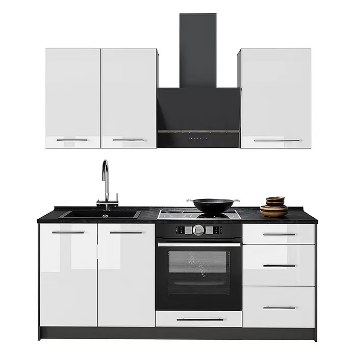Vicco Singleküche - Breite: 190 cm, Weiß Hochglanz, Mit AP Marmor - Moderne Küchenzeile mit weißen Hochglanzschränken, schwarzer Arbeitsplatte, Spüle, Kochfeld, Backofen und Dunstabzugshaube.