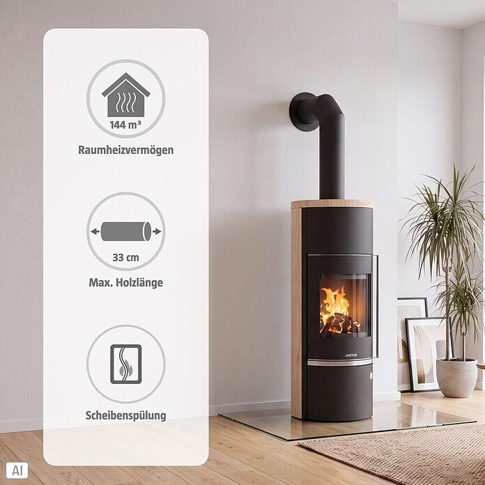 Justus Kaminofen Faro W+ 2.0 (7 kW, Raumheizvermögen: 144 m³, Verkleidung: Sandstein, Schwarz)