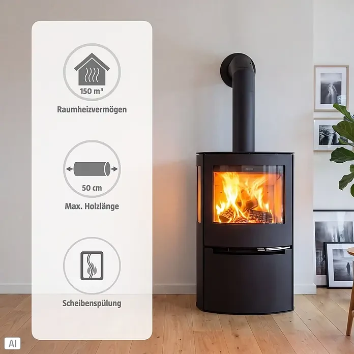 Aduro Kaminofen 21 - 6,5 kW, Raumheizvermögen: 150 m³, Material Verkleidung: Stahl, Schwarz - Moderner schwarzer Kaminofen mit brennenden Holzscheiten in einem Wohnzimmer. Info-Overlay zeigt 150 m³ Heizleistung, max. 50 cm Holz und Scheibenspülung.