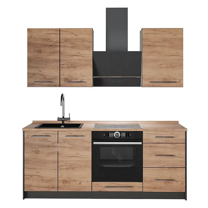 Vicco Singleküche - Breite: 190 cm, Goldkraft Eiche, Mit AP Eiche - Modulare Küchenzeile mit hellen Holzschränken, schwarzer Spüle, Ofen, Kochfeld und Dunstabzugshaube.