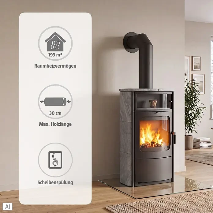 Hark Kaminofen Opera B - 7 kW, Raumheizvermögen: 193 m³, Material Verkleidung: Stahl, Grau - Grauer Holzofen mit brennendem Feuer, oberem Glasfach und Infografikpanel mit Heizleistung, max. Holzlänge und Scheibenspülung.