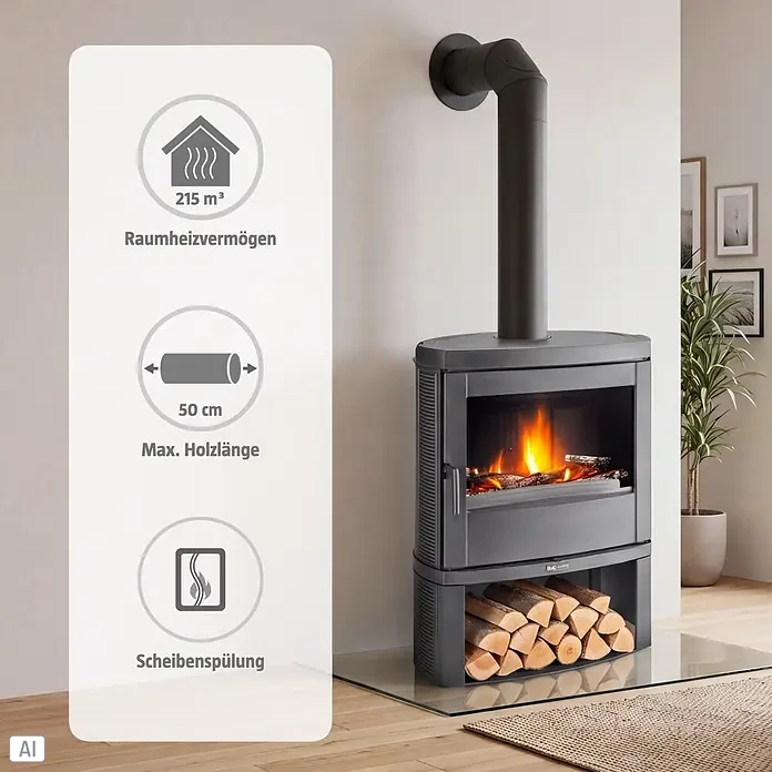 La Nordica Kaminofen Jennifer - 7,5 kW, Raumheizvermögen: 215 m³, Material Verkleidung: Stahl, Schwarz - Dunkelgrauer Eckkamin mit schwarzem Rauchrohr, brennendem Holz und Holzfach.