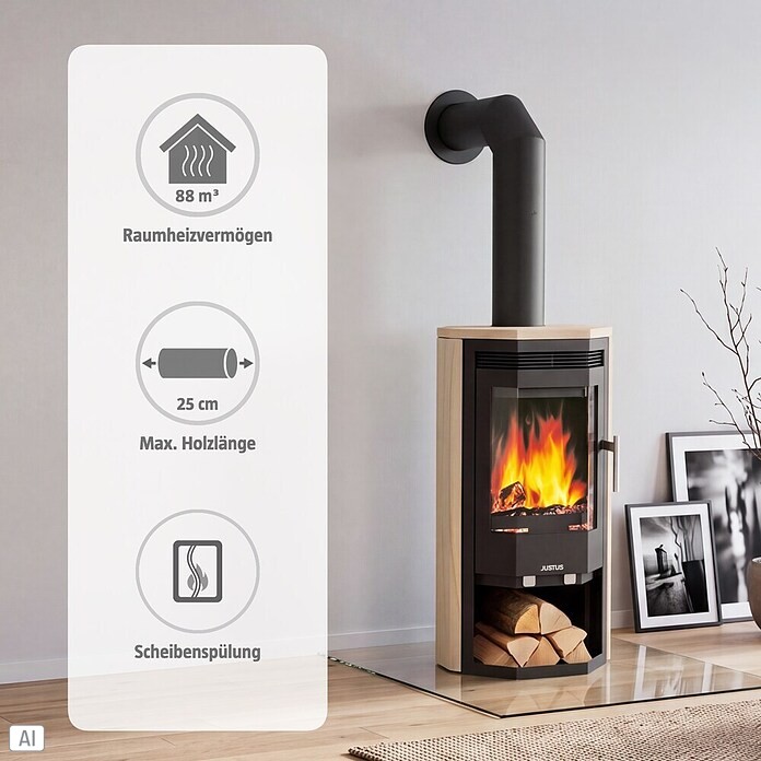 Justus Kaminofen Usedom 5 II (5 kW, Raumheizvermögen: 88 m³, Verkleidung: Sandstein, Schwarz)