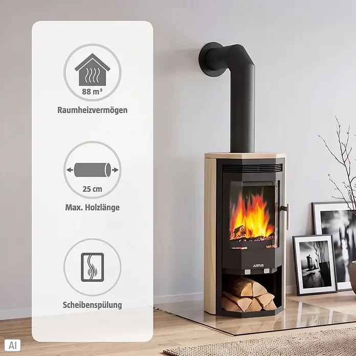 Justus Kaminofen Usedom 5 II - 5,5 kW, Raumheizvermögen: 88 m³, Material Verkleidung: Sandstein, Sandstein/Schwarz - Moderner Kaminofen aus hellem Holz und schwarzem Metall. Flammen brennen innen, Holz ist darunter gestapelt.