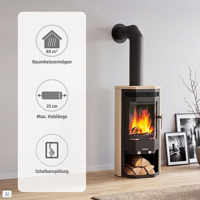 Justus Kaminofen Usedom 5 II (5 kW, Raumheizvermögen: 88 m³, Verkleidung: Sandstein, Schwarz)