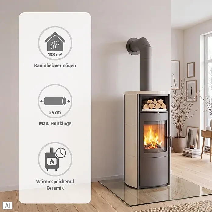 Hark Kaminofen Nika ECOplus - 5 kW, Raumheizvermögen: 138 m³, Material Verkleidung: Keramik, Creme/Weiß - Moderner beiger und dunkelgrauer Keramik-Kaminofen mit brennendem Feuer und Holzaufbewahrung im Wohnraum, plus Infografik.