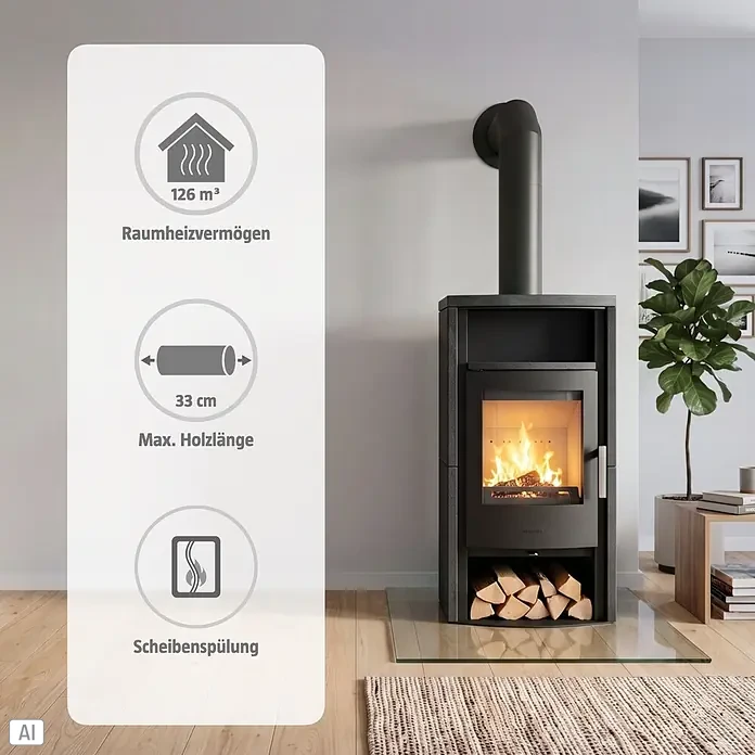 Fireplace Kaminofen Adamis - 8,1 kW, Raumheizvermögen: 126 m³, Material Verkleidung: Keramik, Schwarz - Schwarzer Kaminofen mit brennendem Feuer in einem modernen Wohnzimmer, zeigt Funktionen wie 126 m³ Heizleistung und max. 33 cm Holzlänge.