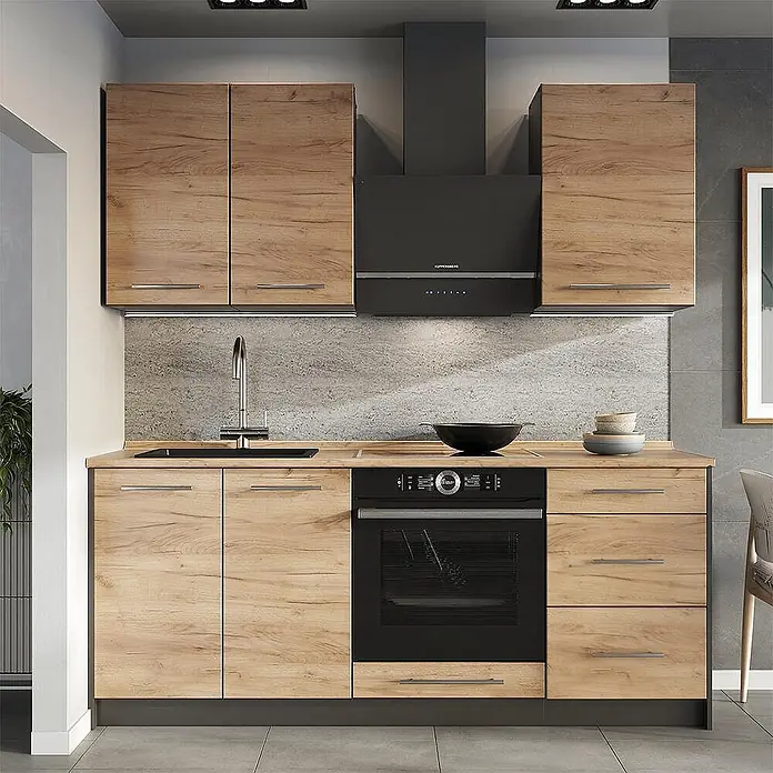 Vicco Singleküche - Breite: 190 cm, Goldkraft Eiche, Mit AP Eiche - Moderne Küchenzeile mit hellen Holzfronten, integriertem dunklen Backofen und Dunstabzugshaube für eine zeitgemäße Küche.