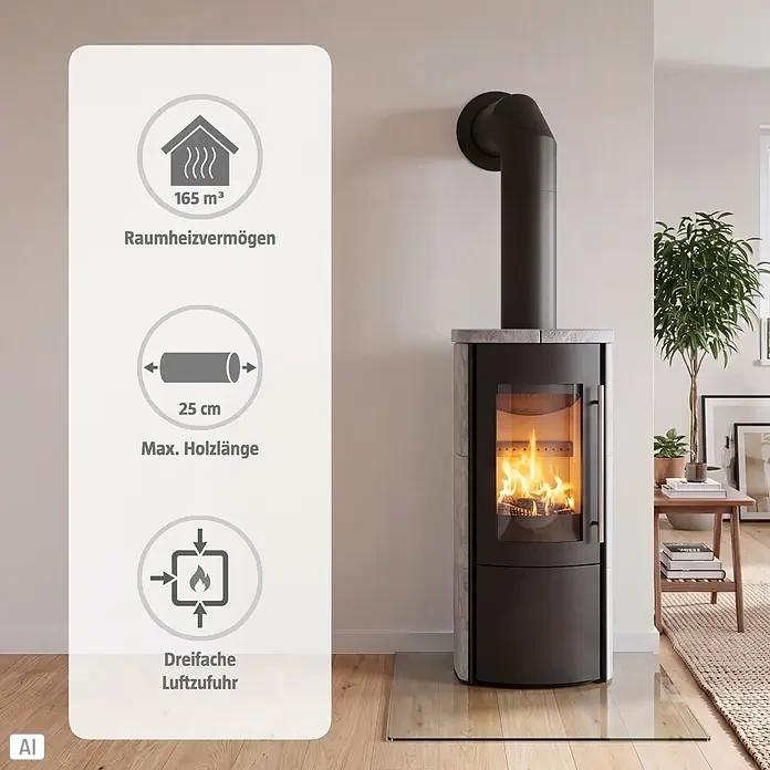 Hark Kaminofen Lova ECOplus - 6 kW, Raumheizvermögen: 165 m³, Material Verkleidung: Stahl, Grau - Moderner schwarzer Kaminofen mit grauer Steinplatte und sichtbarem Feuer, der ein Wohnzimmer heizt.