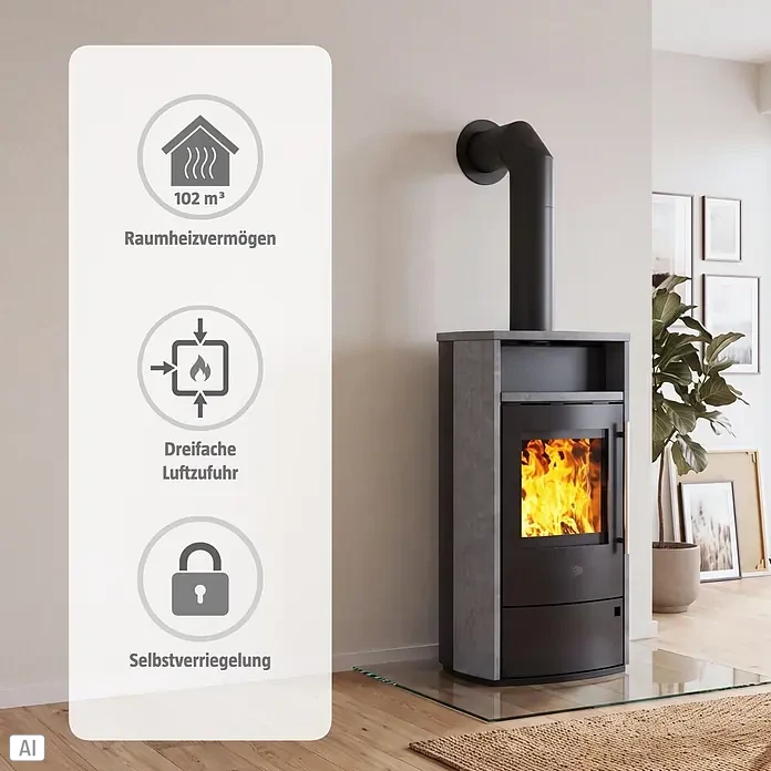Kaminofen Mailand - 6 kW, Raumheizvermögen: 102 m³, Schwarz - Moderner, dunkelgrauer Holzofen mit Beton-Optik und sichtbaren Flammen, heizt Räume bis 102 m³ mit dreifacher Luftzufuhr und Selbstverriegelung.