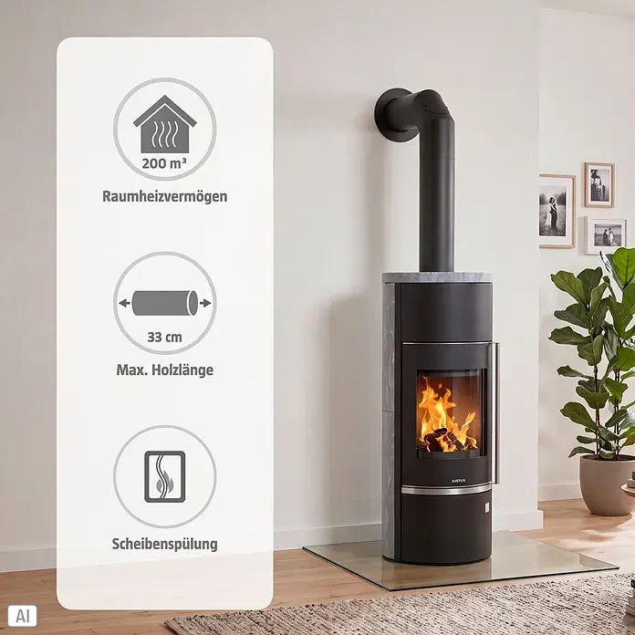 Justus Kaminofen Faro Aqua 2.0 - 8,5 kW, Raumheizvermögen: 200 m³, Material Verkleidung: Speckstein, Schwarz/Speckstein - Moderner schwarzer Kaminofen mit grauer Steinverkleidung, sichtbarem Feuer, 200 m³ Heizleistung und 33 cm max. Holzlänge.