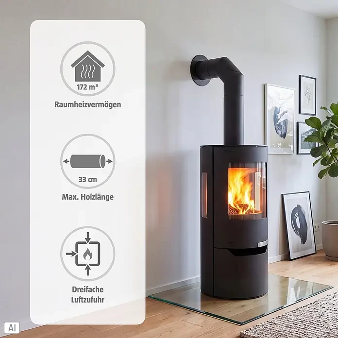 Kaminofen Hiron Trio V2 - 6 kW, Raumheizvermögen: 172 m³, Material Verkleidung: Stahl, Schwarz - Schwarzer Kaminofen mit brennendem Feuer in modernem Raum, flankiert von einem Info-Panel zu Heizleistung, Holzgröße und Luftzufuhr.