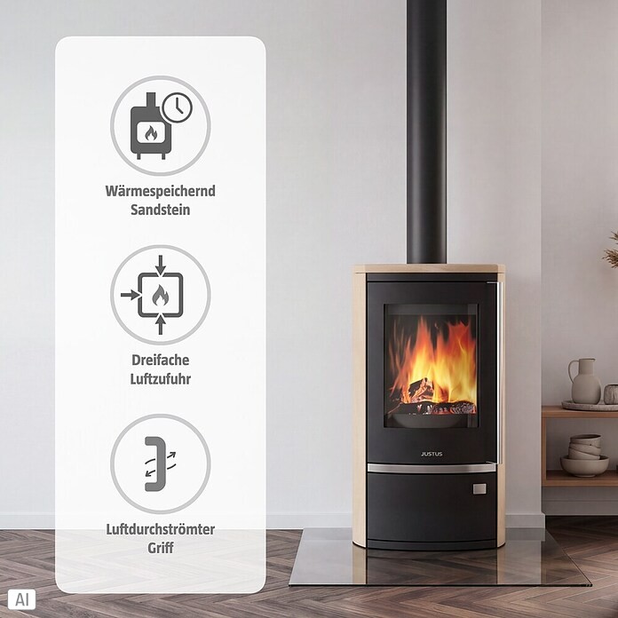 Justus Kaminofen Reno R (6 kW, Raumheizvermögen: 124 m³, Verkleidung: Sandstein, Schwarz)