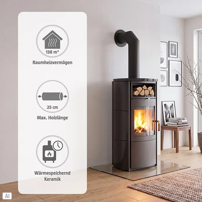 Hark Kaminofen Nika ECOplus - 5 kW, Raumheizvermögen: 138 m³, Material Verkleidung: Keramik, Schwarz - Dunkelgrauer Kaminofen mit sichtbarem Feuer und Holzfach in modernem Wohnzimmer.