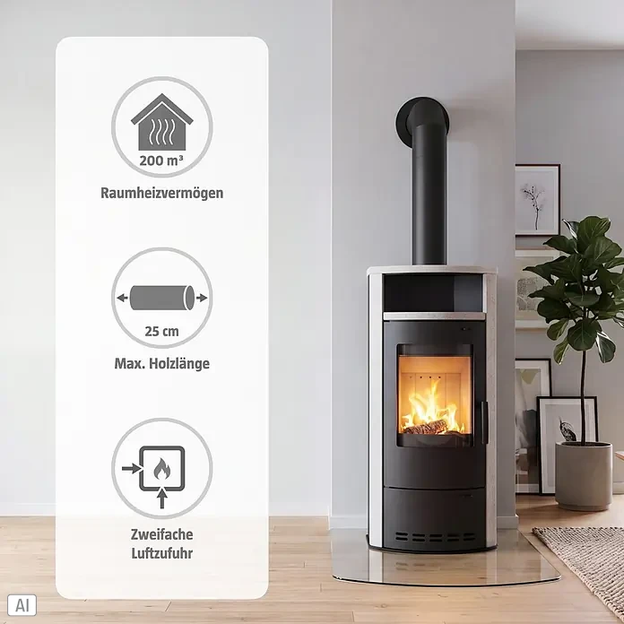 Kaminofen Cumulus Limestone - 7 kW, Raumheizvermögen: 200 m³, Schwarz - Moderner Kaminofen in Grau und Schwarz mit brennendem Feuer und Informationsgrafik zu Heizleistung und Holzgröße.