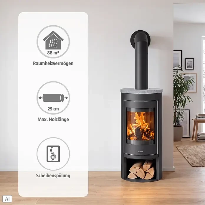 Justus Kaminofen Mino 2.0 - 5,5 kW, Raumheizvermögen: 88 m³, Farbe Verkleidung: Speckstein, Schwarz - Dunkelgrauer Kaminofen mit Steinplatte, brennendem Feuer, Holzfach, 88m³ Heizleistung, 25cm max. Holzlänge, Scheibenspülung.