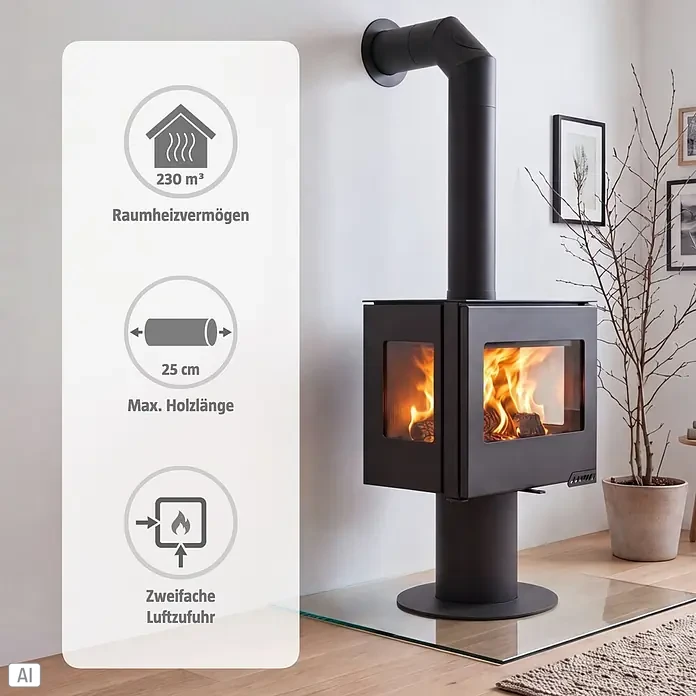 Kaminofen Lorena - 8 kW, Raumheizvermögen: 230 m³, Schwarz - Schwarzer Kaminofen mit brennendem Feuer in modernem Raum, inkl. Infografik zu Heizleistung, Holzlänge und zweifacher Luftzufuhr.