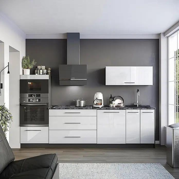 Vicco Küchenzeile - Breite: 280 cm, Weiß Hochglanz, Ohne Elektrogeräte - Moderne Küche mit weißen Hochglanz-Unterschränken, dunkler Arbeitsplatte, integrierten Geräten und Dunstabzugshaube.
