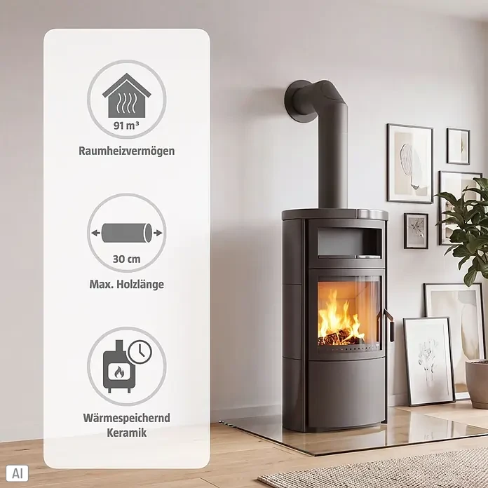 Hark Kaminofen VITO WW GT ECOPLUS - 8 kW, Raumheizvermögen: 91 m³, Material Verkleidung: Keramik, Meteor-Schwarz - Dunkelgrauer Kaminofen mit brennendem Feuer in einem modernen Wohnzimmer, mit wärmespeichernder Keramik.
