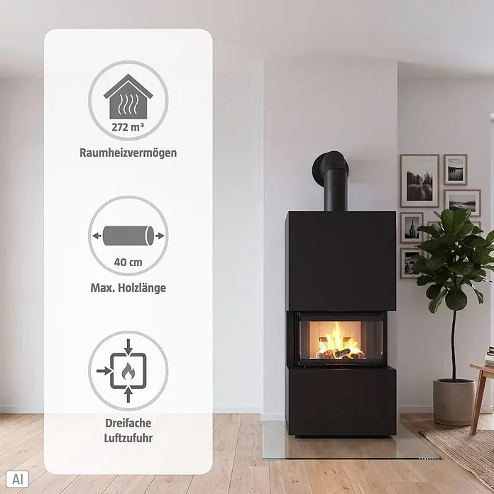 Kaminofen Adastra 700 Plus Line - 9,6 kW, Raumheizvermögen: 272 m³, Material Verkleidung: Stahl, Schwarz - Moderner schwarzer Kaminofen mit brennendem Holz. Heizen bis 272m³, max. 40cm Holzscheite, dreifache Luftzufuhr.