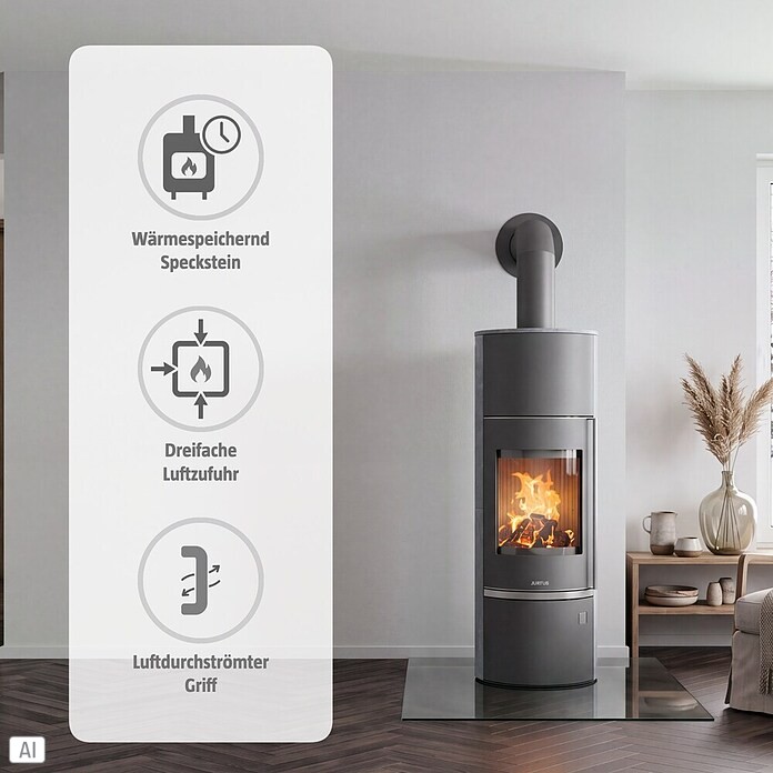 Justus Kaminofen Faro W+ 2.0 (7 kW, Raumheizvermögen: 144 m³, Verkleidung: Speckstein, Gussgrau)