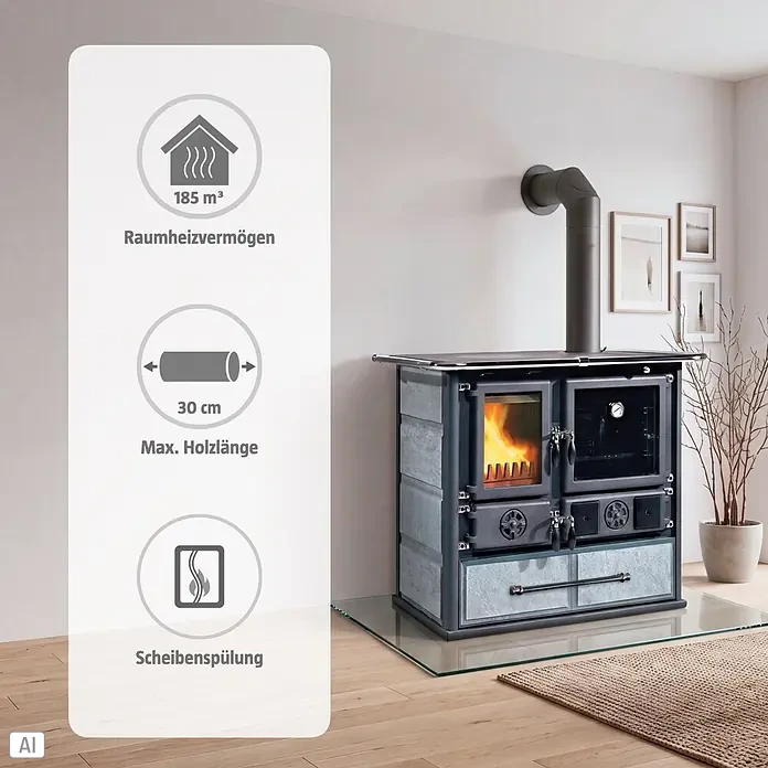 La Nordica Küchenherd Rosa - 6,5 kW, Raumheizvermögen: 185 m³, Mit Holzfach, Schwarz/Serpentino - Dunkelgrauer Holzherd mit Steinakzenten, Feuerraum, Backofen und Rauchrohr; mit Produktmerkmal-Einblendungen.