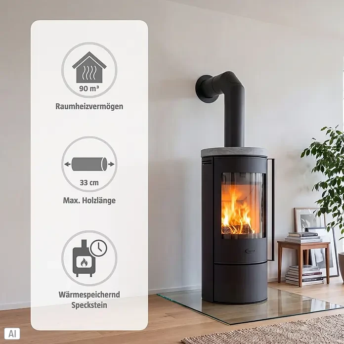 Fireplace Kaminofen Rondale - 5,5 kW, Raumheizvermögen: 90 m³, Material Verkleidung: Speckstein, Schwarz - Schwarzer Kaminofen mit brennendem Feuer und grauer Specksteinplatte, in einem Raum mit Info-Grafik zu den Funktionen.