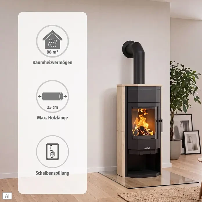 Justus Usedom 5 Kaminofen Usedom W+ 2.0 - 5,5 kW, Raumheizvermögen: 88 m³, Material Verkleidung: Sandstein, Sandstein/Schwarz - Moderner Kaminofen mit schwarzer Brennkammer und hellen Holzseiten, brennt hell. Ein Infofeld listet 88 m³ Heizleistung und 25 cm max. Holzlänge auf.