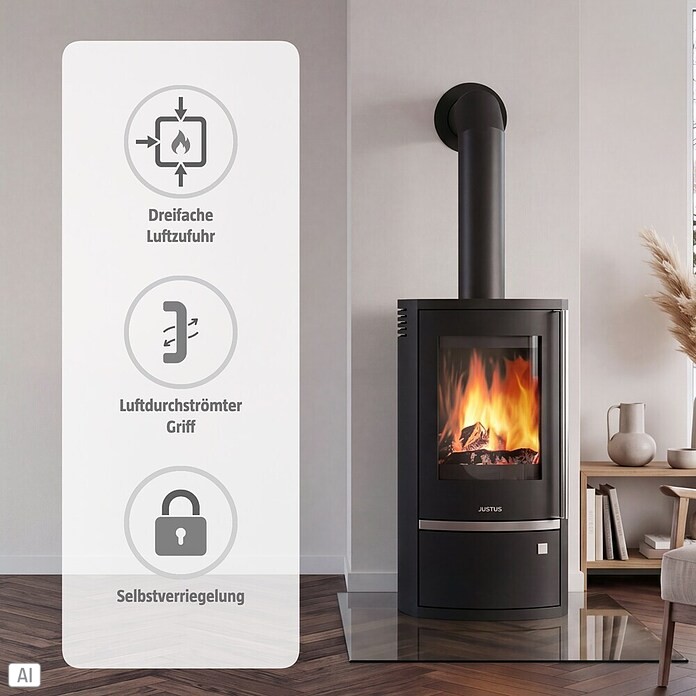 Justus Kaminofen Reno R (6 kW, Raumheizvermögen: 124 m³, Verkleidung: Stahl, Schwarz)
