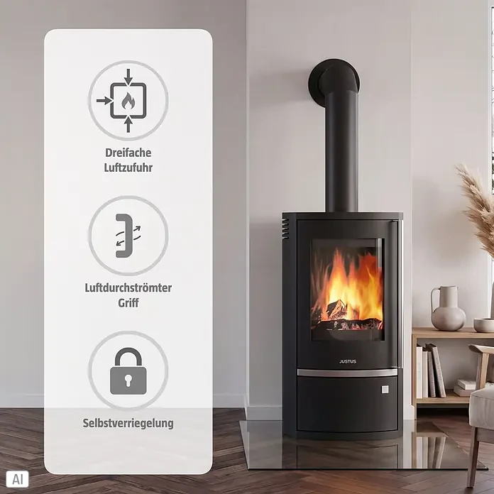 Justus Kaminofen Reno R - 6 kW, Raumheizvermögen: 124 m³, Material Verkleidung: Stahl, Schwarz - Ein schwarzer Kaminofen mit brennendem Holz, der Merkmale wie dreifache Luftzufuhr, luftdurchströmten Griff und Selbstverriegelung zeigt.