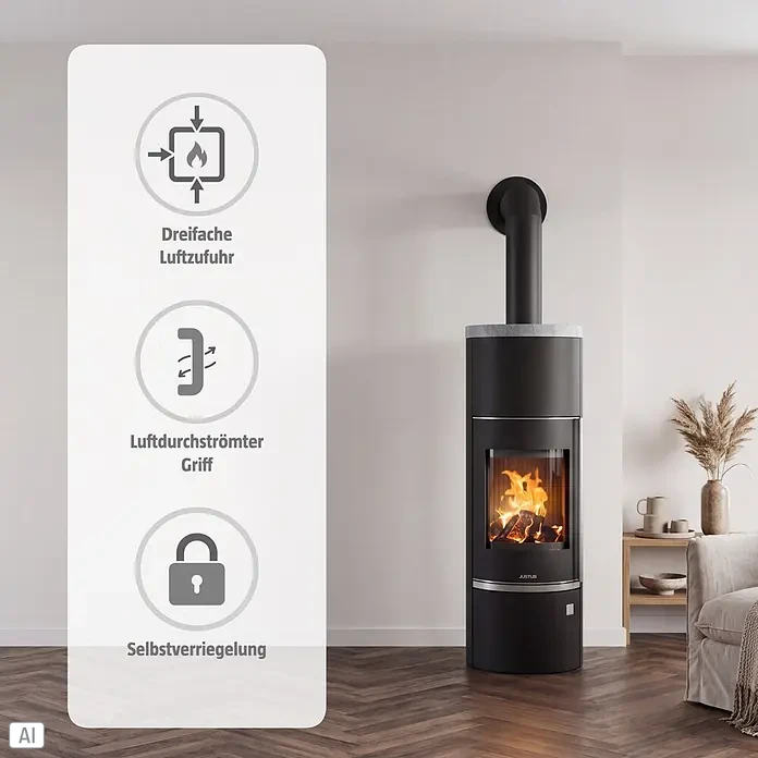 Justus Kaminofen Faro Aqua 2.0 - 8,5 kW, Raumheizvermögen: 200 m³, Material Verkleidung: Stahl, Schwarz/Speckstein, Zeitbrand - Schwarzer Kaminofen mit sichtbarem Feuer, dreifacher Luftzufuhr, luftdurchströmem Griff und Selbstverriegelung.