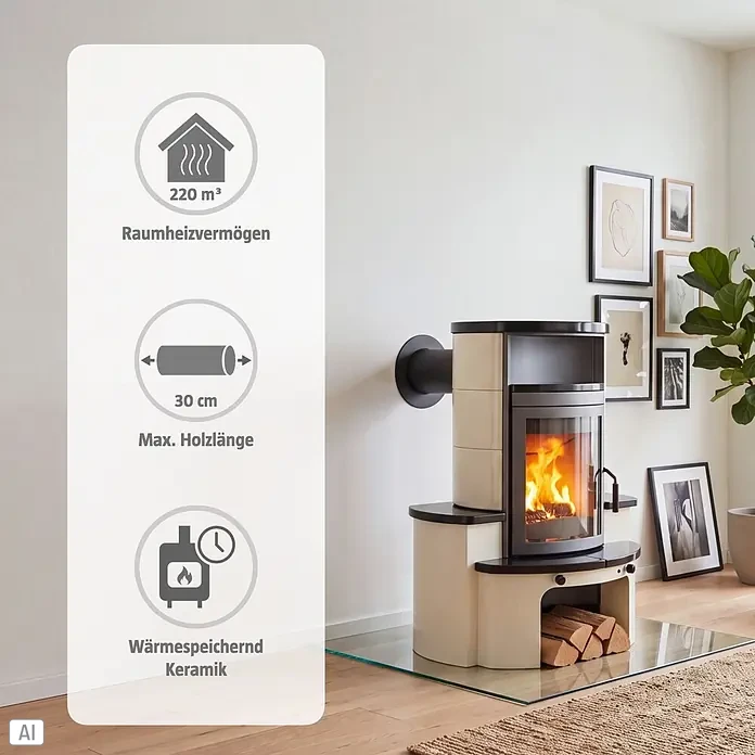 Hark Kaminofen Avenso GT ECOplus - 8 kW, Raumheizvermögen: 220 m³, Material Verkleidung: Keramik, Weiß/Meteor-Schwarz - Cremefarbener Keramikholzofen mit schwarzen Akzenten, brennendes Holz. Infografiken zeigen Heizleistung, Holzlänge und Wärmespeicherkeramik.