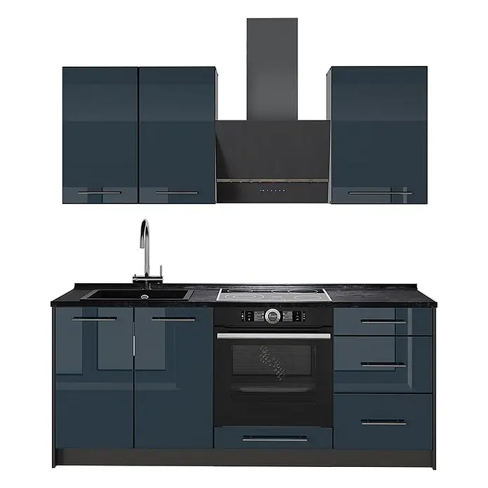 Vicco Singleküche - Breite: 190 cm, Dunkelblau Hochglanz, Ohne AP - Glänzende dunkelblaue Modulküche mit Backofen, Induktionskochfeld, Spüle, passenden Oberschränken und Dunstabzugshaube.