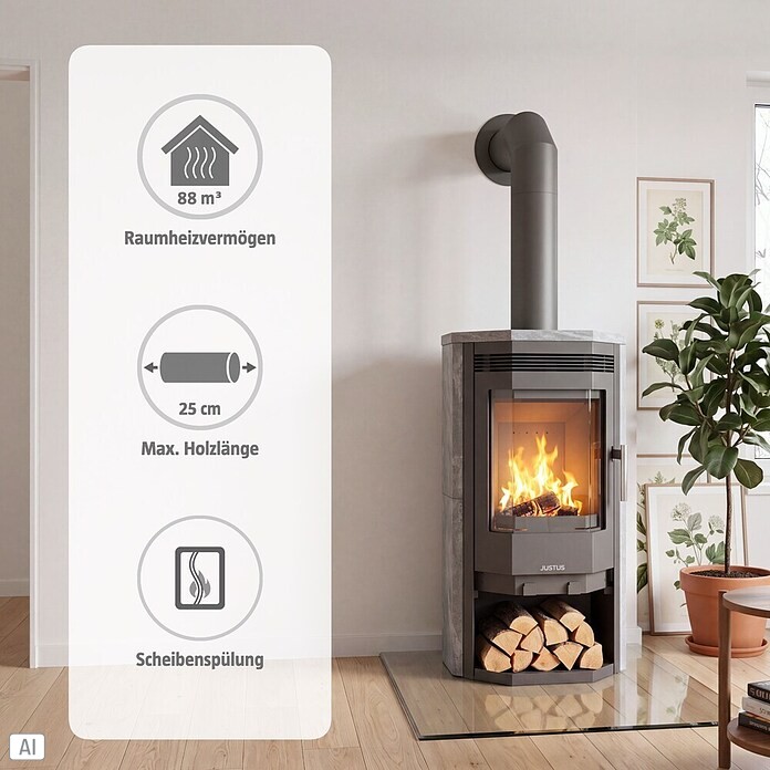 Justus Kaminofen Usedom 5 II (5 kW, Raumheizvermögen: 88 m³, Verkleidung: Speckstein, Gussgrau)