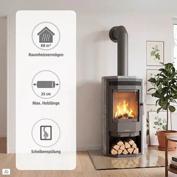 Justus Kaminofen Usedom 5 II - 5,5 kW, Raumheizvermögen: 88 m³, Material Verkleidung: Speckstein, Gussgrau/Speckstein - Moderner grauer Holzofen mit Steinverkleidung, brennendem Feuer und Holzscheiten, in einem hellen Wohnzimmer.