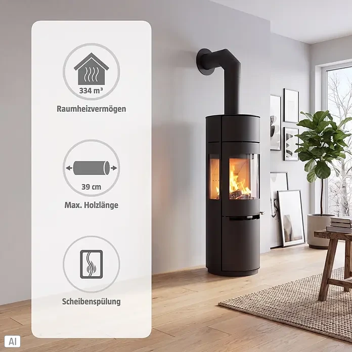 Aduro Kaminofen 9-7 - 8 kW, Raumheizvermögen: 334 m³, Material Verkleidung: Stahl, Schwarz - Dunkelgrauer moderner Kaminofen mit brennendem Feuer, Anzeige von 334 m³ Heizleistung, max. Holzlänge 39 cm und Scheibenspülung.