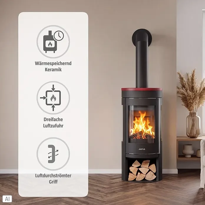 Justus Kaminofen Mino Trios 2.0 - 5,5 kW, Raumheizvermögen: 88 m³, Farbe Verkleidung: Bordeauxrot, Schwarz - Dunkelgrauer Kaminofen mit rotem Akzent, wärmespeichernder Keramik, dreifacher Luftzufuhr und luftdurchströmter Griff, brennend in einem stilvollen Raum.