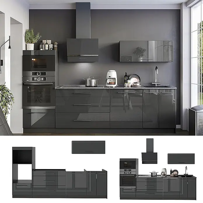 Vicco Küchenzeile - Breite: 280 cm, Anthrazit Hochglanz, Ohne Elektrogeräte - Moderne Küche mit dunkelgrauen Hochglanzschränken, integriertem Backofen, Mikrowelle, Kochfeld, Dunstabzugshaube und Spüle.