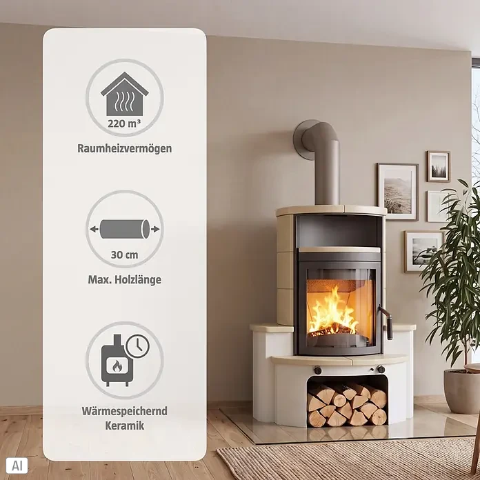 Hark Kaminofen Avenso GT ECOplus - 8 kW, Raumheizvermögen: 220 m³, Material Verkleidung: Keramik, Weiß/Creme - Moderner, heller Keramik-Kaminofen im Wohnzimmer, heizt 220 m³ Raum, max. Holzlänge 30 cm, mit Wärmespeicher-Keramik.