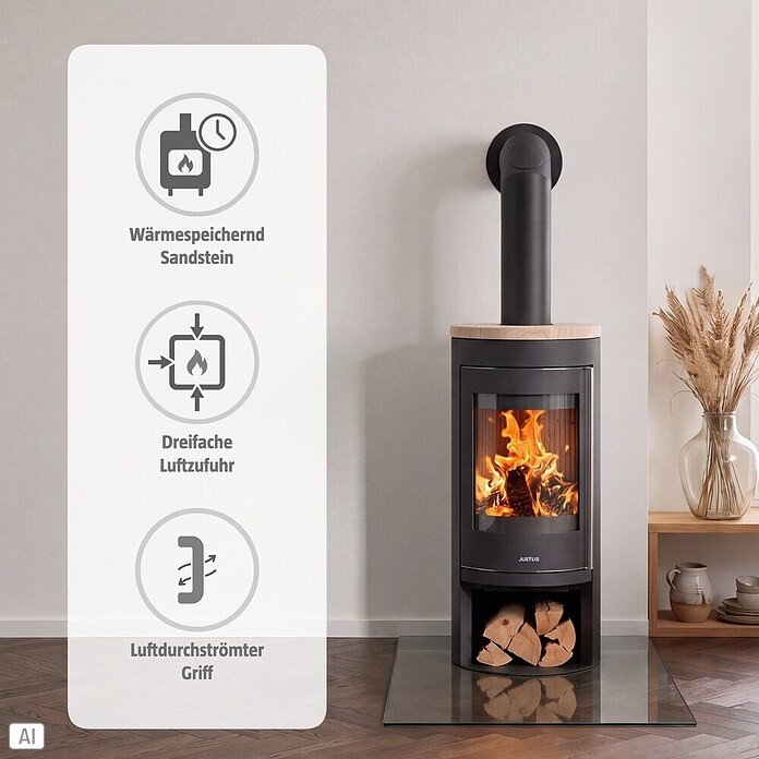 Justus Kaminofen Mino 2.0 (5 kW, Raumheizvermögen: 88 m³, Material Abdeckung: Sandstein, Schwarz)