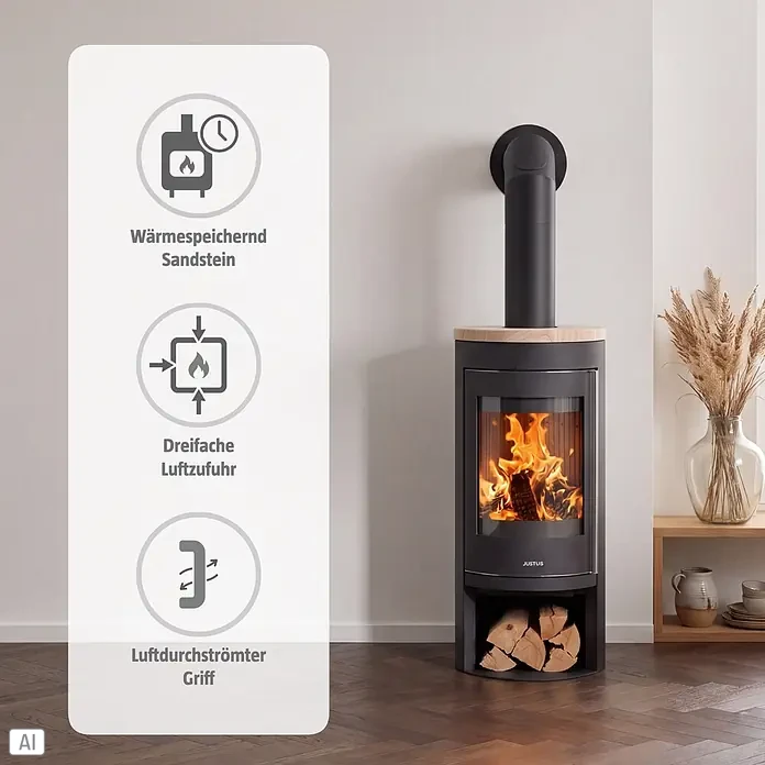 Justus Kaminofen Mino 2.0 - 5,5 kW, Raumheizvermögen: 88 m³, Farbe Verkleidung: Sandstein, Schwarz - Dunkelgrauer Kaminofen mit heller Holzplatte, in dem Holz brennt. Er verfügt über Wärmespeicherung, dreifache Luftzufuhr und einen luftdurchströmten Griff.