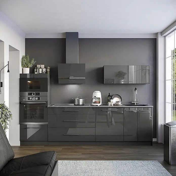 Vicco Küchenzeile - Breite: 280 cm, Anthrazit Hochglanz, Ohne Elektrogeräte - Moderne Küche mit dunkelgrauen Hochglanzschränken, integriertem Backofen, Mikrowelle, Kochfeld und Dunstabzugshaube.