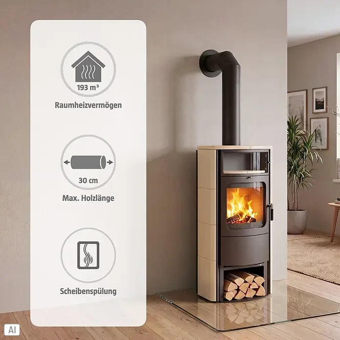 Hark Kaminofen Opera B Grande - 7 kW, Raumheizvermögen: 193 m³, Material Verkleidung: Keramik, Creme - Moderner Kaminofen, helle Verkleidung, schwarzes Rauchrohr im Wohnzimmer, Holz brennt. Overlay: 193 m³ Heizleistung, 30 cm Holzlänge, Scheibenspülung.
