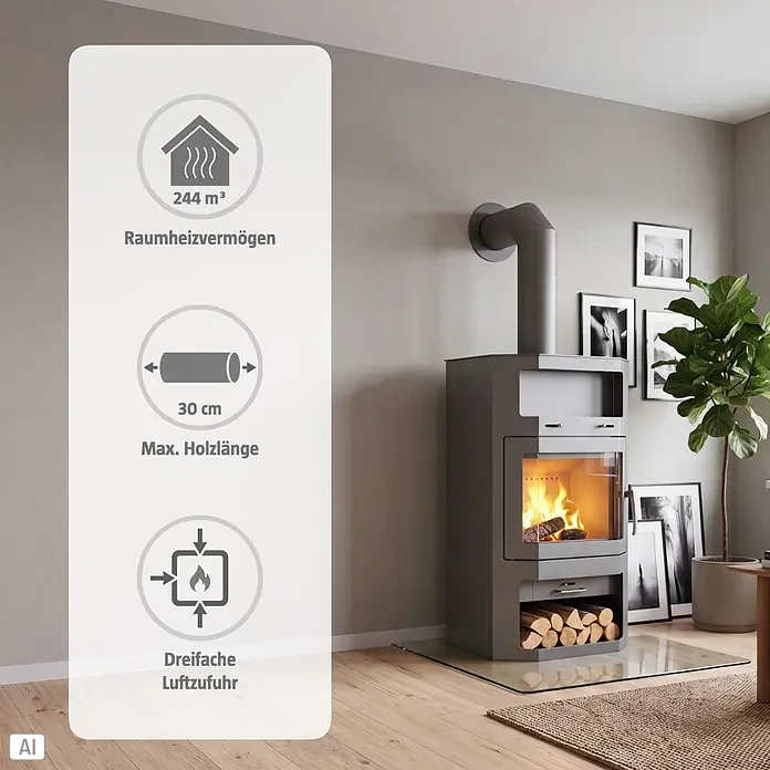 Kaminofen Bali Max - 8,5 kW, Raumheizvermögen: 244 m³, Verkleidung: Stahl, Grau - Grauer Kaminofen mit sichtbaren Flammen, Holzfach. Heizt 244 m³, max. 30 cm Holz, dreifache Luftzufuhr.